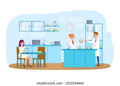 Laboratory interior. Scientist make test using special equipment. Science research in the lab. Chemistry occupation. Flask and test tube. Flat vector illustration