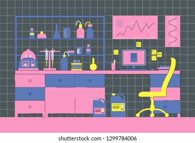 Laboratory interior. Workplace laboratory. Biological, medical or chemical laboratory. Vector illustration in flat style.