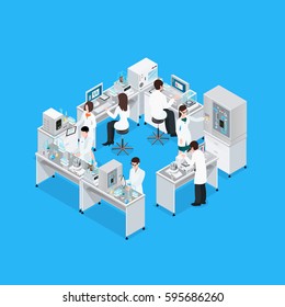 Laboratory isometric composition with workbench research equipment and group of working faceless scientist characters in uniform vector illustration