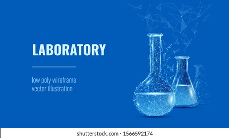 Laboratory. Lab glassware and test tubes in chemical or medical laboratory background or polygonal banner. Low poly wireframe vector illustration.   Chemistry poster banner template with copy space. svg