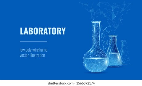 Laboratory. Lab Glassware And Test Tubes In Chemical Or Medical Laboratory Background Or Polygonal Banner. Low Poly Wireframe Vector Illustration.   Chemistry Poster Banner Template With Copy Space.