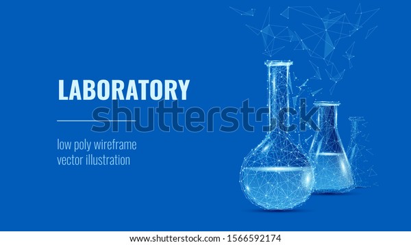 Laboratory. Lab glassware and test tubes in
chemical or medical laboratory background or polygonal banner. Low
poly wireframe vector illustration.   Chemistry poster banner
template with copy
space.
