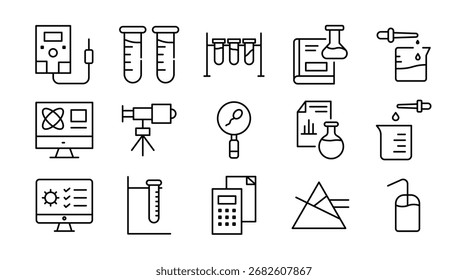 Laboratório e laboratório testar conjunto de ícones lineares. Ciência, pesquisa, análise, microscópio, tubos de teste, química, biologia, experimentos, médicos, diagnósticos, conjunto de ícones de contorno vetorial. Pacote de ícones de linha fina da interface do usuário