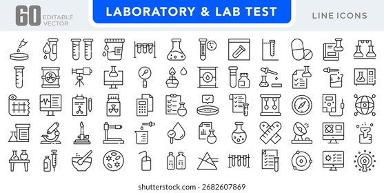 Laboratory and lab test linear icon set. Science, research, analysis, microscope, test tubes, chemistry, biology, experiments, medical, diagnostics, vector outline icon set. UI thin line icon pack