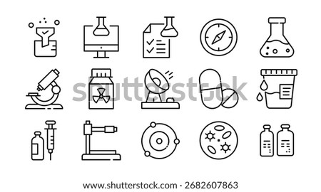 Laboratory and lab test linear icon set. Science, research, analysis, microscope, test tubes, chemistry, biology, experiments, medical, diagnostics, vector outline icon set. UI thin line icon pack