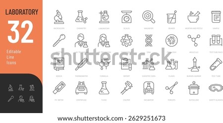 Laboratory Line Editable Icons set. Vector illustration in modern thin line style of science related icons: equipment, experiment, assistants, and more. Isolated on transparent background.