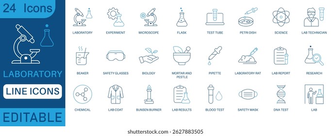 Conjunto de iconos de línea de laboratorio. Contiene laboratorio, química, experimento, frasco, química, científico, ciencia, microscopio, biología y más. colección de iconos perfecta.