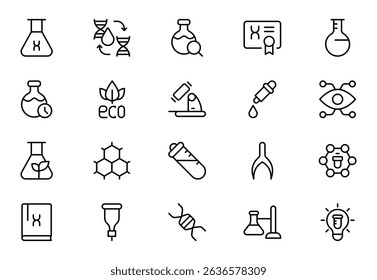 Conjunto de iconos de línea de laboratorio. Contiene experimento, tubo de ensayo, microscopio, matraz, química, biología, investigación, laboratorio y más. Trazo editable. Ilustración vectorial