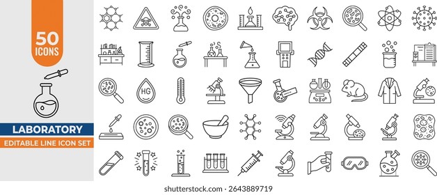 Conjunto de Ícones de Linha de Laboratório - Ícones de Vetor Editáveis para Experimentos, Tubos de Teste, Microscópios e Pesquisa. Traço editável. Ilustração vetorial