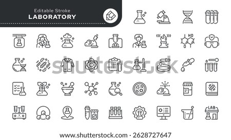 Laboratory line icon set. Flask, microscope, chemical experiment, test tube, lab technician, mouse, molecule, sample, biology, and more. Outline vector icon. Pictogram collection	

