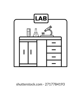Conjunto de iconos de línea de laboratorio que incluye microscopio, tubo de ensayo, frasco de química, mesa y una habitación. Diseño de Vector de contorno mínimo para ciencia, educación, investigación, laboratorios, App, interfaz de usuario y Sitios web.