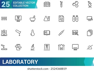 Laboratory line icon set. Test tube, flask, chemical, biology, microscope, research, lab and more. Outline vector icons collection. Editable stroke.