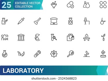 Laboratory line icon set. Test tube, flask, chemical, biology, microscope, research, lab and more. Outline vector icons collection. Editable stroke.