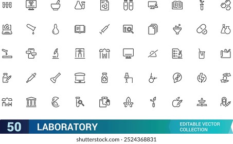 Laboratory line icon set. Test tube, flask, chemical, biology, microscope, research, lab and more. Outline vector icons collection. Editable stroke.