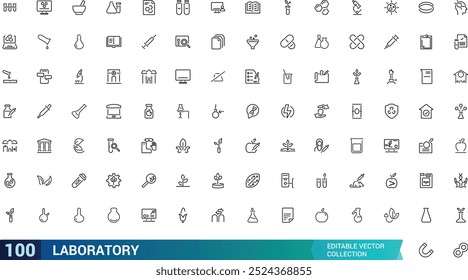 Laboratory line icon set. Test tube, flask, chemical, biology, microscope, research, lab and more. Outline vector icons collection. Editable stroke.