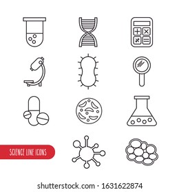 Laboratory line icons. Disease and virus research icons. Test tube, virus, calculator, DNA, magnifying glass and microscope.