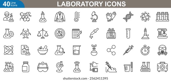 Laboratory line icons set. Microscope, beaker, DNA, chemical flask, safety goggles, lab coat, centrifuge, dropper and more. Vector illustration for scientific and research. 