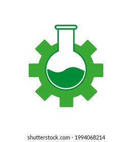 laboratory logo. green chemical flask in cog wheel. vector