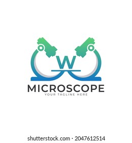 Logotipo de laboratorio. Elemento de plantilla de diseño del logotipo del microscopio W de la carta inicial.