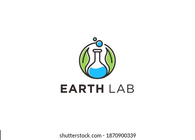 Laboratory logo modern, florence flask with leaf element, simple minimalist, scientific earth lab, eco green leaf. Medical Technology.
