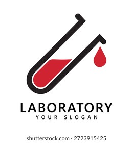 Laborlogo mit gekipptem Reagenzglas und rotem Tröpfchen - Minimalistisches Symbol für Wissenschaft, Forschung oder medizinisches Branding