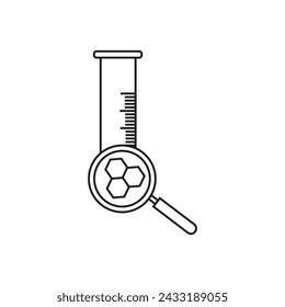 Laboratory magnifying glass and flask checking composition molecule icon