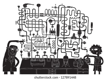 Laboratory Maze Game in black and white with isolated layers. Task: Find the right way! Solution is in hidden layer. Illustration is in eps8 vector mode!