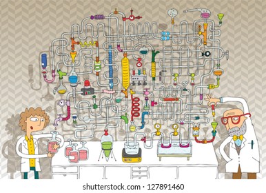 Laboratory Maze Game in colours with isolated layers. Task: Find the right way! Solution is in hidden layer. Illustration is in eps10 vector mode!