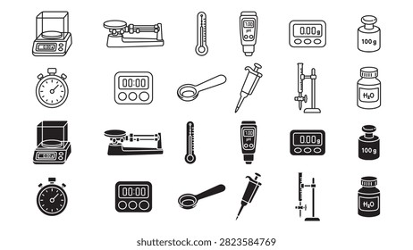 Laboratory measurement tool outline and solid element designs. Scientific chemistry instrument line art and silhouette icon set. Balance, thermometer, pH meter, timer, pipette, weight, testing tool