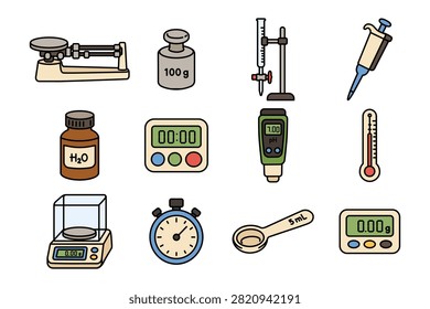 Laboratory Measuring Equipment minimal flat illustration set for education. Scientific measuring instruments color icon pack for science. Laboratory testing devices element designs for research