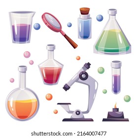 Laboratory medical experiment tools isolated set. Vector flat cartoon graphic design illustration