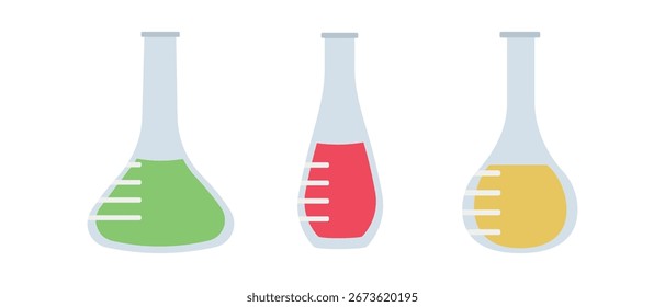 Conjunto aislado de herramientas de experimento médico de laboratorio. Matraces de laboratorio, matraces para análisis, experimentos.
