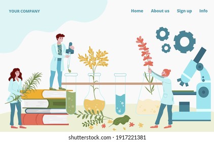 Laboratory medication drug from plants male female tiny character research fellow concept landing page, cartoon vector illustration. Website online banner, internet page home, skin care cosmetics.