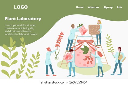 Laboratory medicines from plants and agricultural genetics web template vector illustration. Scientist mini people make herbal medicine from plants. Medics analyzing plants, herbs and flowers webpage.