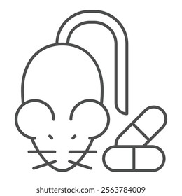 Laboratory mice and capsules thin line icon, clinical research concept. Vector graphics. Mouse for blood experiment sign on white background, outline style icon for mobile or web design