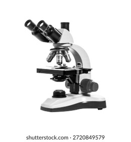 Microscópio de laboratório em estilo de meio-tom preto isolado no fundo branco. Conceito de ciência, pesquisa, biologia, análise médica, educação e descoberta científica. Ilustração mínima.