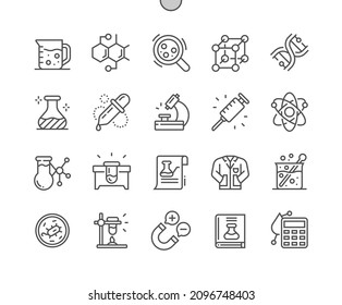 Laboratorium. Mikroskop. Laborberechnungen. Chemische Formel. Kolben und Pipette. Pixel Perfect Vector Thin Line Icons. Einfaches Minimal-Piktogramm