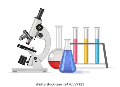 Laboratory microscope with glass test tubes with liquid of different colors. Medical equipment. Vector illustration