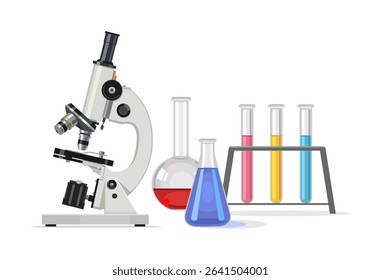 Laboratory microscope with glass test tubes with liquid of different colors. Medical equipment. Flat illustration