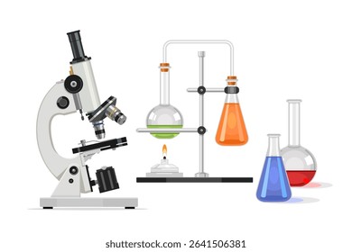 Laboratory microscope with glass test tubes with liquid of different colors. Medical equipment. Flat illustration