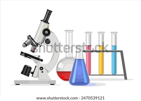 Laboratory microscope with glass test tubes with liquid of different colors. Medical equipment. Vector illustration