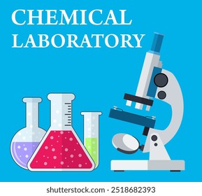 microscopio de laboratorio y tubos de ensayo con líquido. Ciencia, educación, química, experimento, concepto de laboratorio. Ilustración vectorial en icono de diseño plano con sombra larga