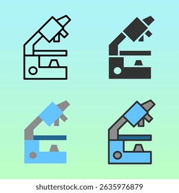 Laboratory microscopes in colorful and outline variations, symbolizing research and diagnostics in medical or science contexts, great for lab graphics.