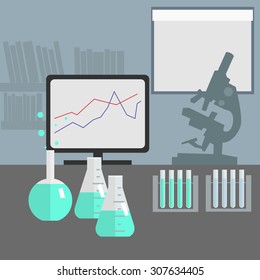 Laboratory with monitor, schedules, books and microscope. Chemical lab