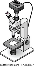 A laboratory monocular microscope on an fixed stand with an adjustable stage. With an attached digital camera.