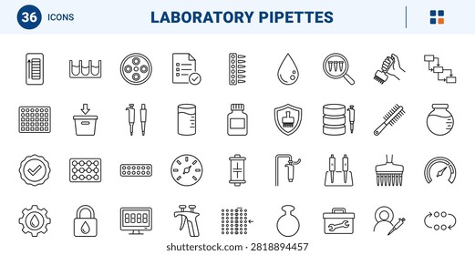 Laboratory multichannel pipette row line icon set covering liquid, handling, microplate, and science concepts, thin linear illustration.