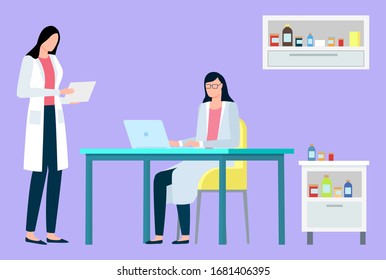 Laboratory office vector, medical workers in hospital. Woman working on computer with results of patients specialists experts with info in laptop document