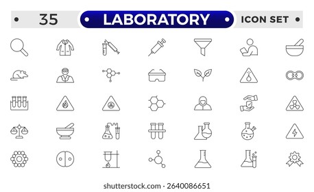 Laboratory outline icon set. Chemistry doodle illustration including icons. Containing experiment, test tube, microscope, flask, chemical, biology, research, lab and more. 
