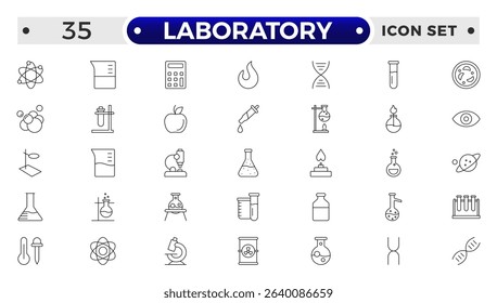 Laboratory outline icon set. Chemistry doodle illustration including icons. Containing experiment, test tube, microscope, flask, chemical, biology, research, lab and more. 
