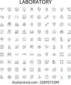 Laboratory outline icons collection. Lab, Test, Experiment, Research, Analysis, Chemicals, Beakers vector illustration set. Equipment, Measurement, Microscope linear signs